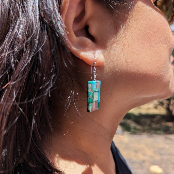 Santo Domingo Pueblo Mosaic Dangle Earrings Native American Jewelry R.Rosetta*** - Picture 4 of 9